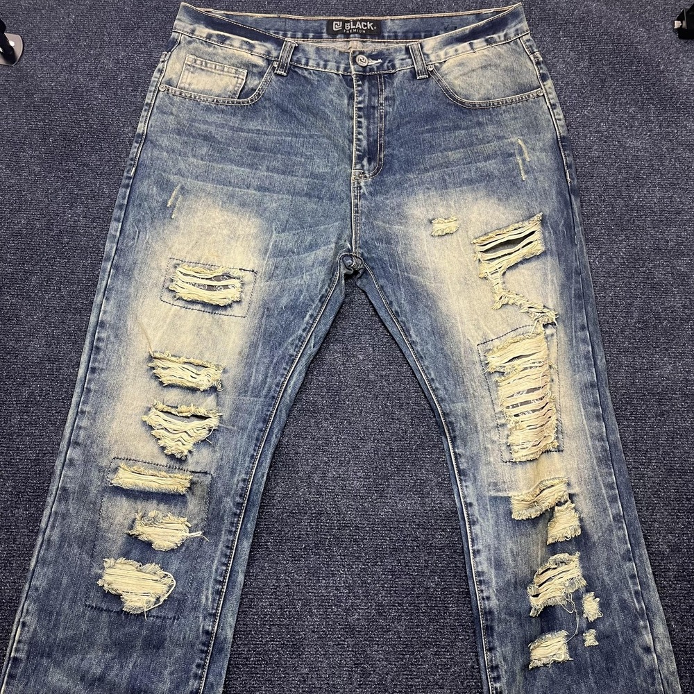 Y2K Black Premium Jeans Mens 36x32 Blue Light Wash Denim Straight Distressed